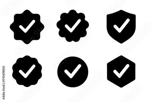Verified Checkmark Logos. Social media bio optimization tips. Set Logo of verified checkmark: Abstract geometric, Filled silhouette, Symmetrical form, Negative