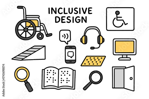 Inclusive Design Elements. Inclusive Design. Hand-drawn doodle illustration wheelchair (colored), ramp, accessible sign, computer screen (colored), smartphone