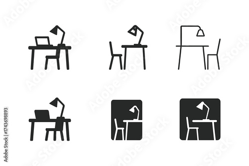 Home Office Logos. Designing home office spaces for productivity. Set Logo of Interior design: creative work corner icon. harmonious logo variations of the