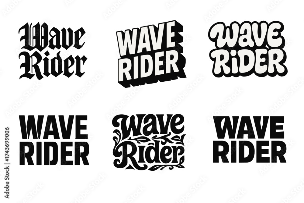 Obraz premium Harmonious Lettering Variations. Wave Rider. Set lettering. harmonious lettering variations of the same emblematic concept (Gothic-inspired decorative type, 3D