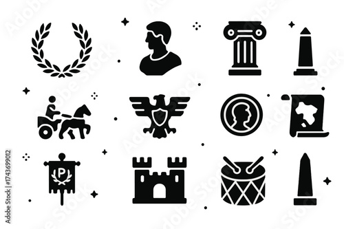 Empire Icon Set. Empire. Solid icons set of Empire: laurel wreath, emperor bust, amphitheater, column, chariot, eagle emblem, coin, map scroll, standard flag,