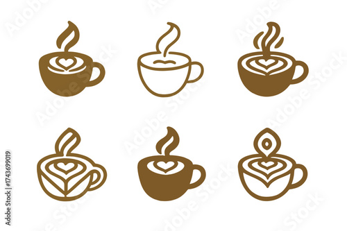 Harmony in Coffee Logos. Drinking coffee. Set Logo of Lifestyle: latte art cup icon. harmonious logo variations of the same emblematic concept, each with