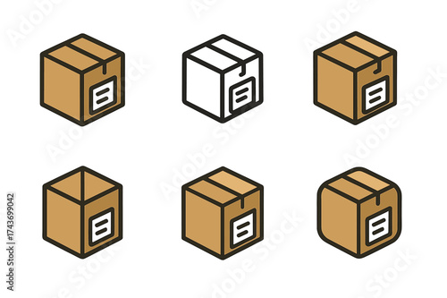Diverse Parcel Logos. Address label. Set Logo of parcel delivery: shipping box with attached printed label. harmonious logo variations of the same emblematic