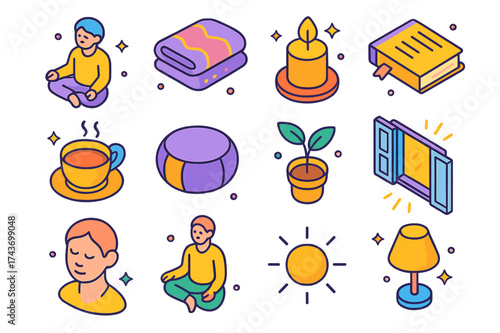 Peaceful Icon Collection. Finding peace. Colorful isometric vector icons set of finding peace: seated person, soft blanket, candle, journal, tea cup,