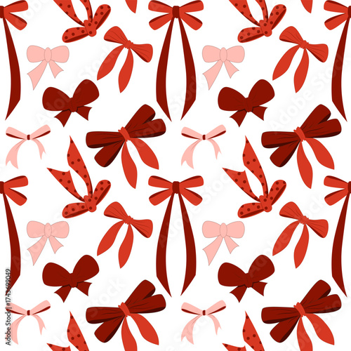 Romantic seamless pattern featuring a scattered mix of various red, maroon, and pastel pink bows and ribbons, perfect for Valentine's Day or feminine gift wrap.