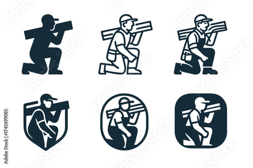 Carpenter Logo Variations. Deck builders constructing wooden decks. Set Logo of carpenter figure: builder silhouette holding plank. harmonious logo variations
