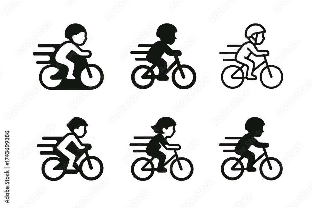 Fototapeta premium Cycling Logo Variations. Children playing sports or engaging in physical activities. Set Logo of cycling: child riding a bicycle with motion lines. harmonious