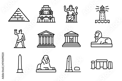 Ancient Wonders Icons. Ancient wonders. Line icon set of ancient wonders: pyramid, hanging gardens, statue of zeus, lighthouse of alexandria, colossus of