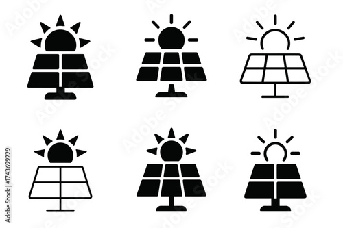 Tech Climate Logos. Tech for climate action. Set Logo of Tech for climate action: solar panel with sun rays. harmonious logo variations of the same emblematic