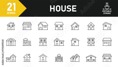 House and building line icon set. Set of 21 outline icons related to house, building, housing, real estate, property, apartment and others. Editable stroke. Vector illustration.