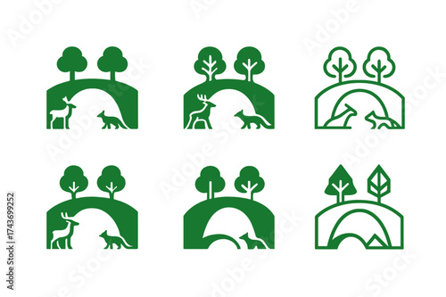 Diverse Wildlife Bridges Logos. Green bridges. Set Logo of Green bridges: Wildlife overpass. harmonious logo variations of the same emblematic concept, each