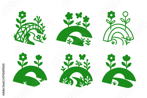 Green Bridge Logos. Green bridges. Set Logo of Green bridges: Pollinator corridor bridge. harmonious logo variations of the same emblematic concept, each with