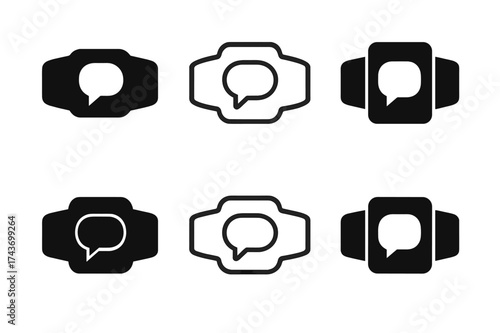 Communication Bracelet Icons. Communication tools for nonverbal individuals. Set Logo of communication bracelet: Filled silhouette, Minimal outline,
