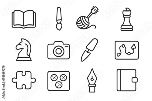 Offline Hobbies Icons. Offline hobbies. Line icon set of Offline hobbies: open book, paintbrush, knitting ball, guitar, chess piece, camera, gardening trowel,