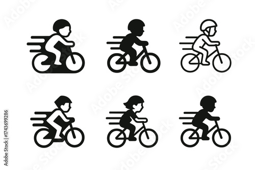 Cycling Logo Variations. Children playing sports or engaging in physical activities. Set Logo of cycling: child riding a bicycle with motion lines. harmonious