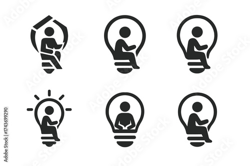 Creative Logo Designs. Students making presentations and projects. Set Logo of idea bulb: light bulb with student figure. harmonious logo variations of the