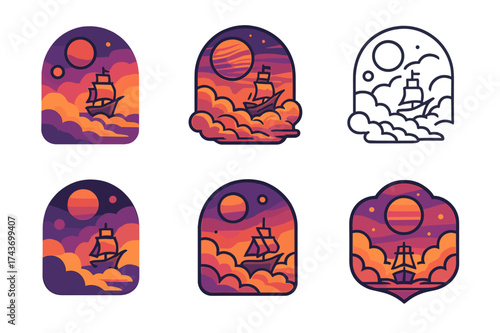 Planetary Logo Variations. A planet with multiple moons and colorful skies. Set Logo of A planet with multiple moons and colorful skies: Skyship sailing