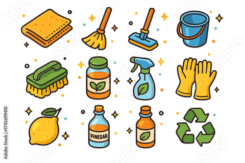 Eco Household Icons. Eco Household. Colorful isometric vector icons set of eco household: reusable cloth, broom, mop, bucket, brush, jar of natural cleaner,
