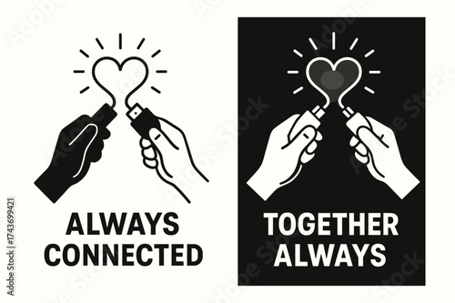 Connected Heart Banners. Connection. Two vertical A6 banners, flat vector design, black and white backgrounds, two hands holding a glowing cable connector