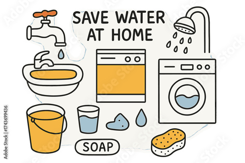 Water Conservation Doodles. Save Water at Home. Hand-drawn doodle illustration faucet (colored), showerhead, sink (colored), washing machine, dishwasher