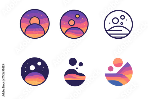 Planetary Logo Variations. A planet with multiple moons and colorful skies. Set Logo of A planet with multiple moons and colorful skies: Cluster of aligned