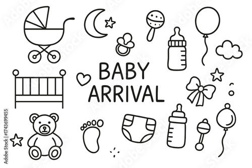 Baby Arrival Icons. Baby arrival. Hand-drawn doodle illustration baby arrival stroller, crib, pacifier, bottle, diaper, teddy bear, footprint, heart, bow,