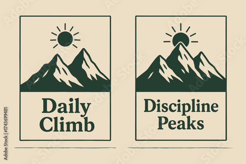 Mountain Banner Design. Mountains. Two vertical A6 banners with safe margins, centered composition, no elements touching edges, natural minimal style, dark