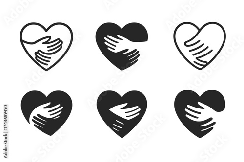 Heart Embrace Logos. Support for caregivers. Set Logo of heart embrace: hands gently wrapping around heart. harmonious logo variations of the same emblematic
