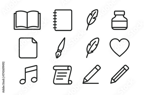 Creative Icon Grid. Creative expression. Line icon set of Creative expression: open book, notebook, quill, ink bottle, sheet of paper, calligraphy pen,