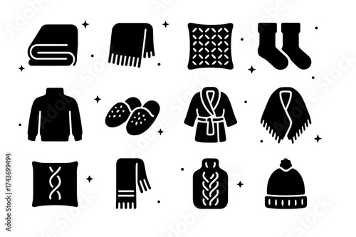 Cozy Wool Icons. Cozy Wool. Solid icons set of Cozy Wool: wool blanket, wool throw, knitted pillow, wool socks, cozy sweater, knit slippers, wool robe, wool