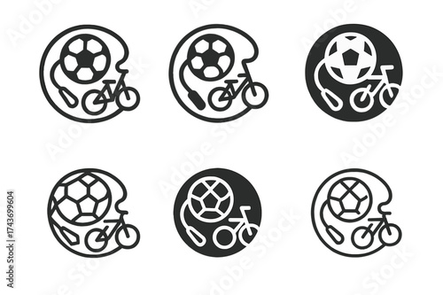 Sports Emblem Variations. Children playing sports or engaging in physical activities. Set Logo of sports badge: circular emblem combining soccer ball, jump