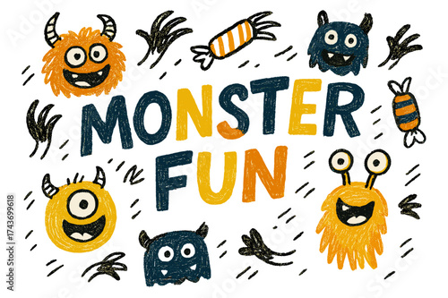 Playful Monster Doodles. Monster Fun ? Doodle / Sketch, playful rough hand-drawn strokes, tilted casual layout, doodle claws, candy, and goofy monster faces