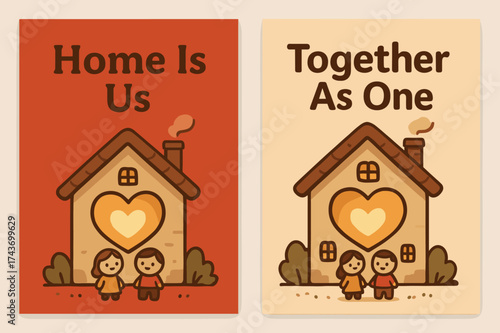 Kawaii Home Banners. Home. Two vertical A6 banners, kawaii, red and beige backgrounds, cozy house with a glowing heart window and two tiny figures, first