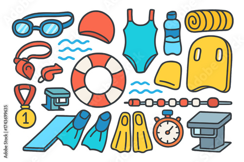 Swimming Equipment Doodles. Swimming. Colorful Hand-drawn doodle Children illustration Swimming goggles, swim cap, swimsuit, kickboard, fins, water bottle,