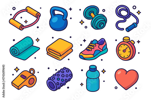Athletic Icons Grid. Athletic Training. Colorful isometric vector icons set of athletic training: resistance band, kettlebell, dumbbell, jump rope, yoga mat,