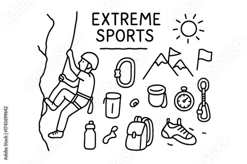Climber's Essential Gear. Extreme sports. Hand-drawn doodle illustration extreme sports climber, cliff, rope, harness, carabiner, helmet, chalk bag, backpack,