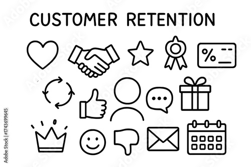 Customer Retention Doodles. Customer Retention. Hand-drawn doodle illustration Customer Retention heart, handshake, star, ribbon badge, loyalty card, gift box,
