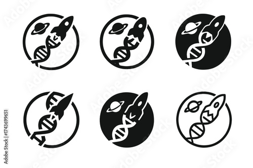 Bio-Space Logo Variations. Genetic engineering for space colonization. Set Logo of bio-space badge: circular emblem combining DNA, rocket, and