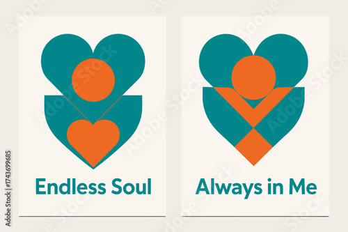 Abstract Heart Fusion. Union. Two vertical A6 banners with safe margins, centered composition, no elements touching edges, geometric style, turquoise and