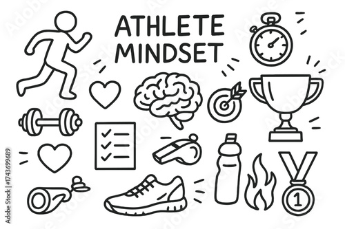 Athlete Mindset Icons. Athlete Mindset. Hand-drawn doodle illustration Athlete Mindset running figure, dumbbell, stopwatch, whistle, trophy, brain, heart,
