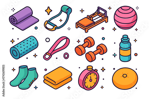 Colorful Pilates Icons. Pilates. Colorful isometric vector icons set of pilates: yoga mat, resistance band, reformer machine, stability ball, foam roller,