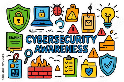 Cybersecurity Doodle Icons. Cybersecurity awareness. Colorful Hand-drawn doodle Children illustration cybersecurity awareness shield, lock, laptop, smartphone,