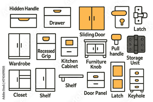Furniture Doodle Collection. Furniture Design. Hand-drawn doodle illustration furniture design hidden handle (accented), drawer, cupboard (accented), sliding