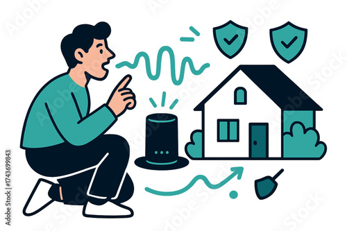 Smart Home Security. Voice control. A person speaking into a smart speaker, glowing sound waves connect to a house with shield icons above. Security by
