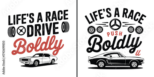 Retro muscle car typography design with bold racing slogan and vintage automotive illustration for apparel and t shirt design