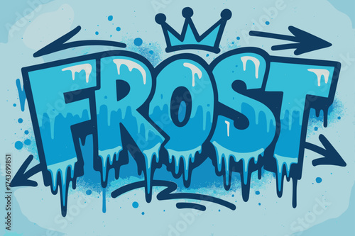Urban Graffiti Ice. Urban Frost ? Graffiti Simplified, chunky tilted bubble letters with dripping icy edges, arrows and crowns, flat spray-fill, urban frosty