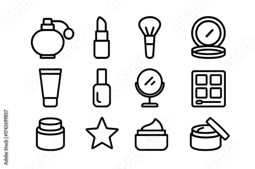 Cosmetic Icon Collection. Perfume and cosmetics. Line icon set of perfume and cosmetics: perfume bottle, lipstick, makeup brush, powder compact, lotion tube,