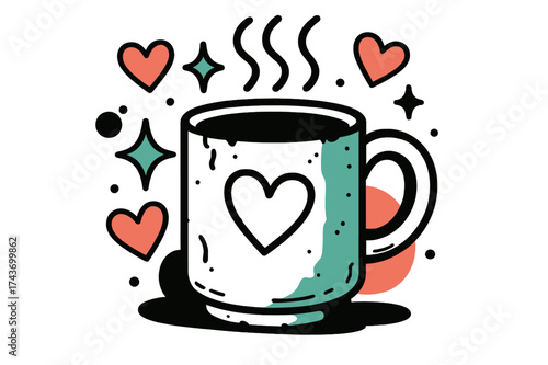 Warmth and Memories. Old favorite mug. A worn chipped mug glowing warmly with steam rising, abstract hearts and sparkles floating to symbolize comfort and