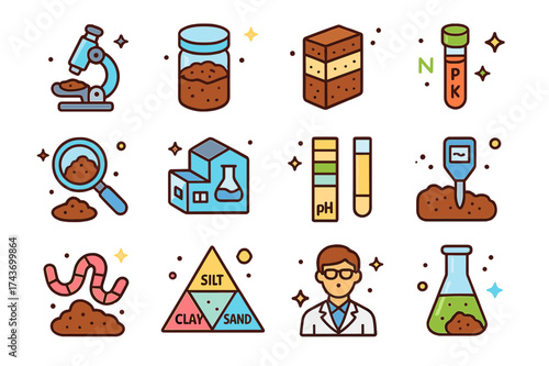Colorful Soil Science Icons. Soil Science. Colorful isometric vector icons set of Soil Science: soil microscope, soil sample jar, soil layers profile, nutrient