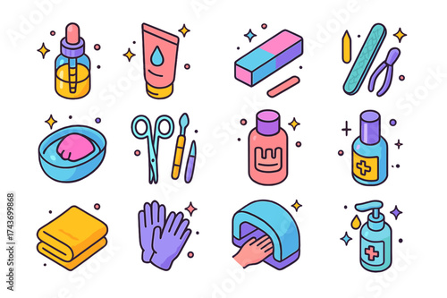 Colorful Nail Care Essentials. Nail care. Colorful isometric vector icons set of nail care: cuticle oil, hand lotion, nail buffer, nail file, nail soak bowl,